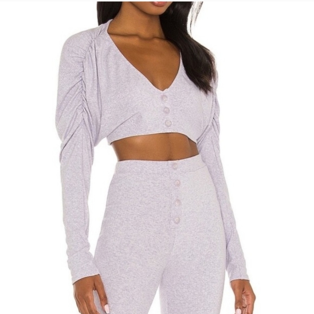 Majorelle Lavender Ribbed Knit 2 Piece Set Crop Puff Sleeve Top & Flare Pants XS